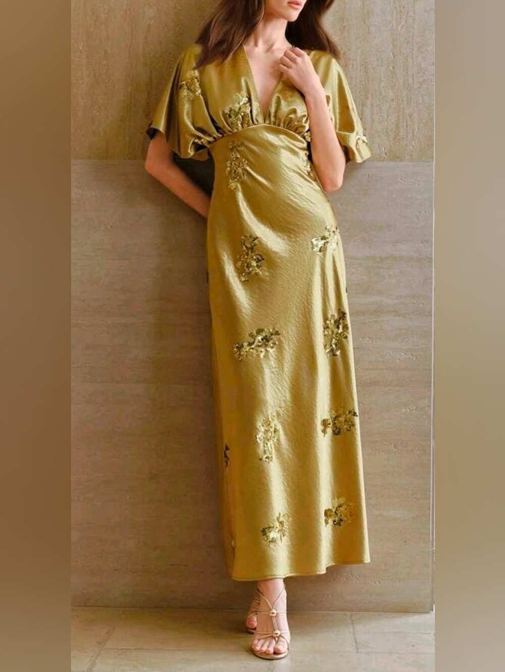 New Flowy Sequin Satin Maxi Dress Dolman Sleeve High Waist Gold